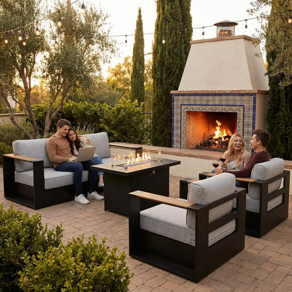 Aluminum Outdoor Conversation Set – Deep Seating, Water‑Repellent Cushions & 55,000 BTU Fire Pit Table