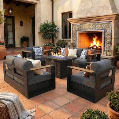 Aluminum Outdoor Conversation Set – Deep Seating, Water‑Repellent Cushions & 55,000 BTU Fire Pit Table