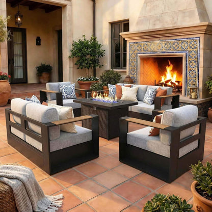 Aluminum Outdoor Conversation Set – Deep Seating, Water‑Repellent Cushions & 55,000 BTU Fire Pit Table
