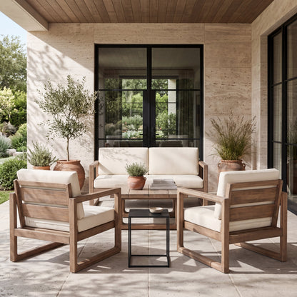 4‑Piece Acacia Wood Outdoor Patio Seating Set with Cushions – Modern Sled Frame Design