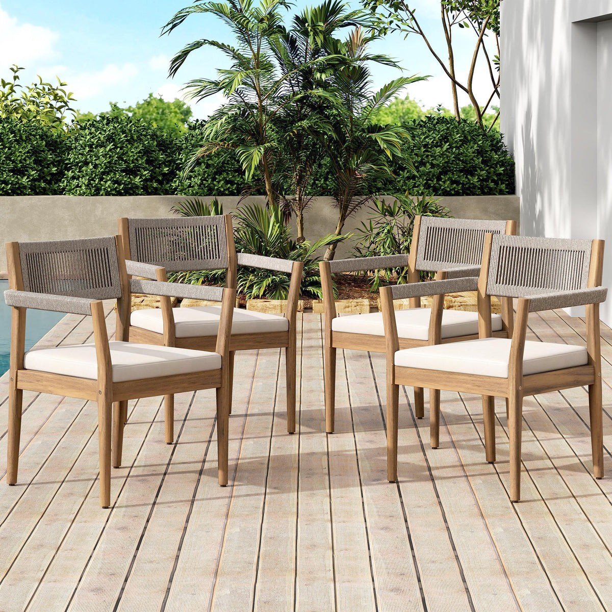 raided Acacia Outdoor Dining Chair Set of 4 — Teak Look with Beige Rope & Cream Cushions