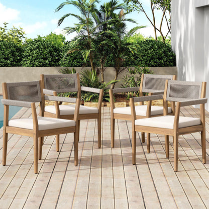 raided Acacia Outdoor Dining Chair Set of 4 — Teak Look with Beige Rope & Cream Cushions