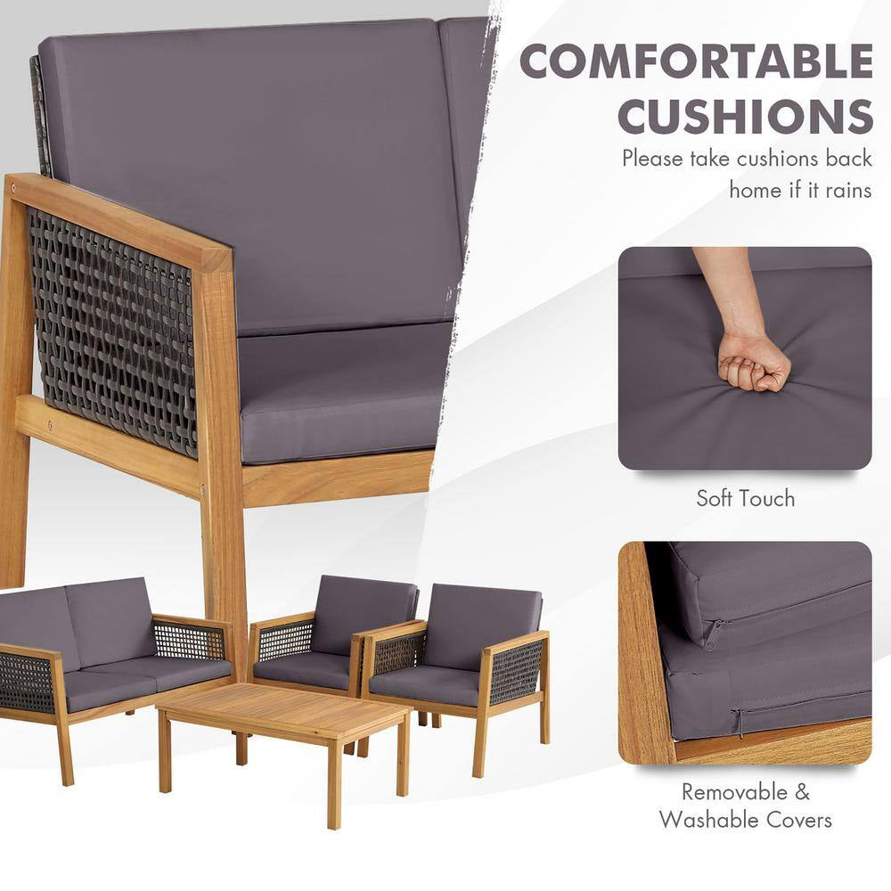 4PCS Patio Acacia Wood Furniture Set PE Rattan Conversation Set W/Grey Cushions