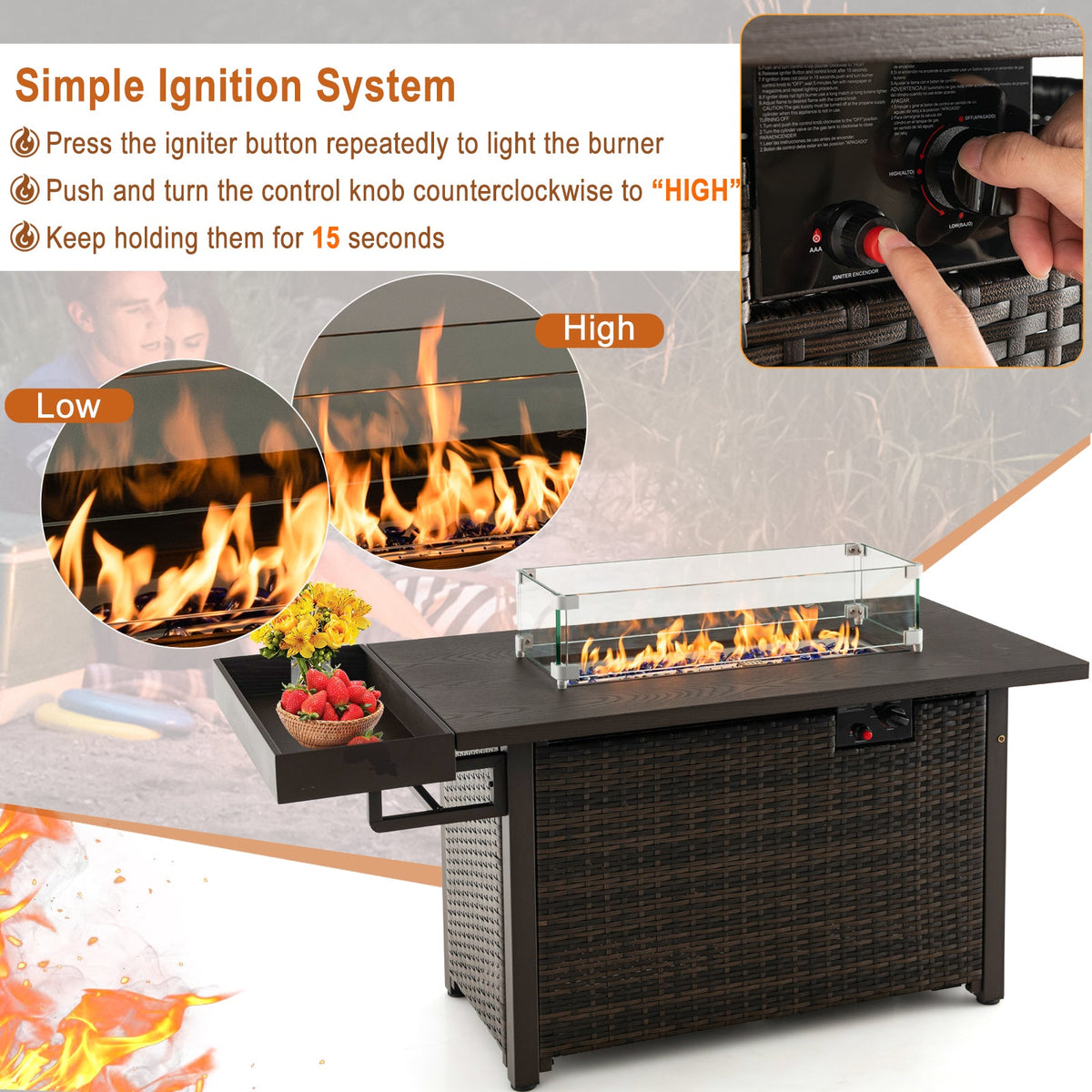 52" Hand‑Woven Wicker Gas Fire Pit Table — Propane, Includes Cover