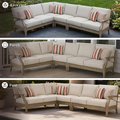 Signature Design by Ashley 4-Piece L-Shape Clare View Outdoor Sectional, Patio Conversation Furniture Set, Eucalyptus Wood with Nuvella Fabric Cushions for Backyard, Beige