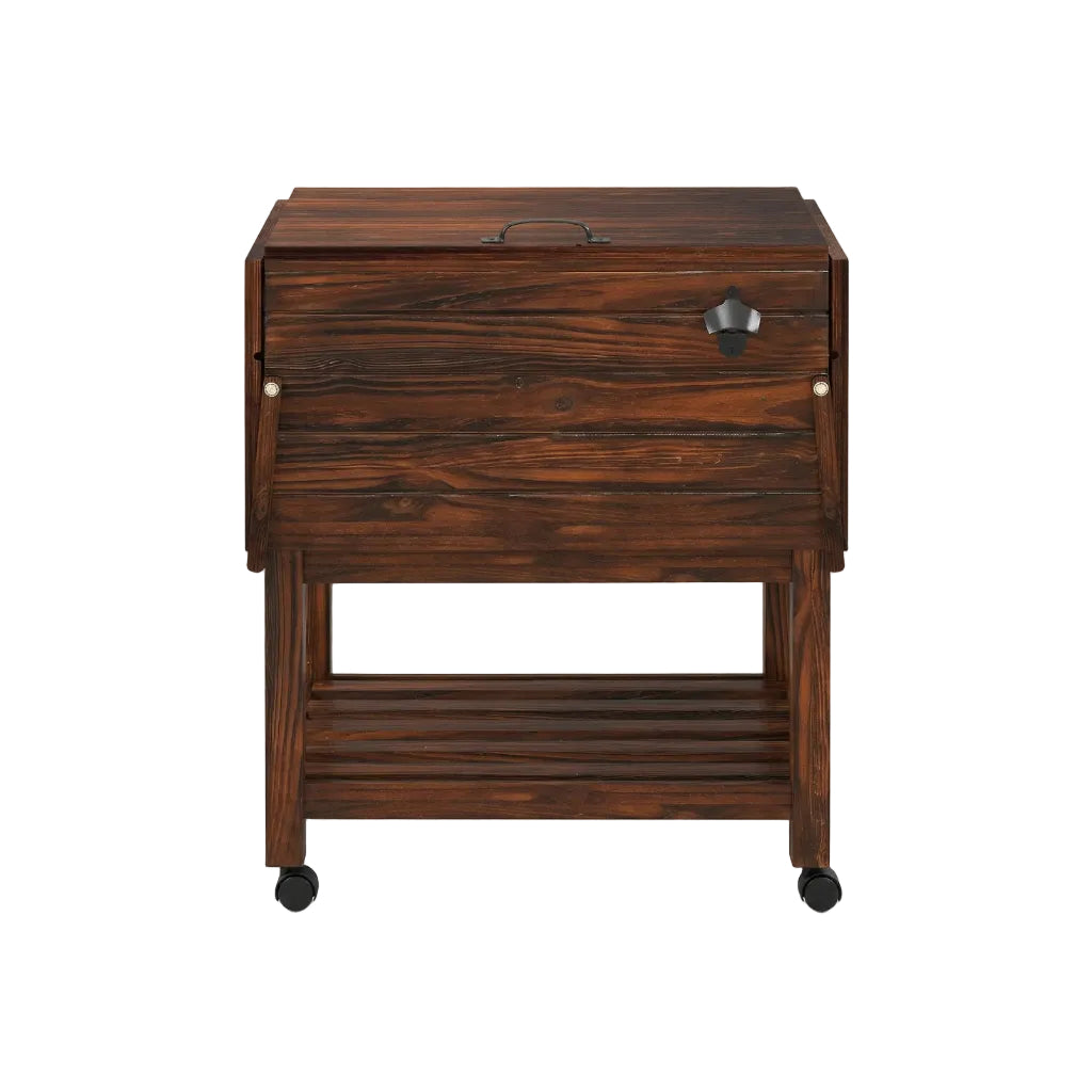 54 Quart Wooden Cooler Cart for Patio Rolling Ice Chest with Shelves-Brown