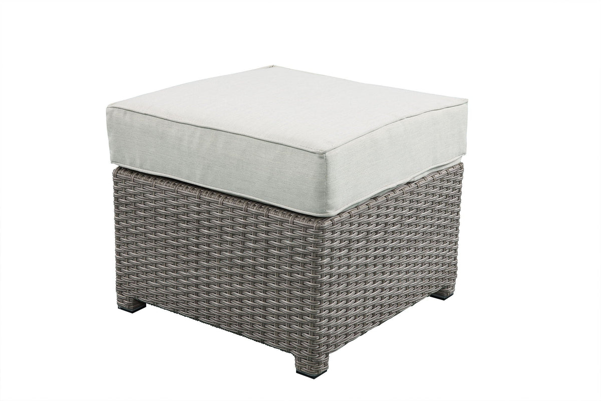 Salena All‑Weather Wicker Patio Sofa & Ottoman with Toss Pillows – Beige / Gray
