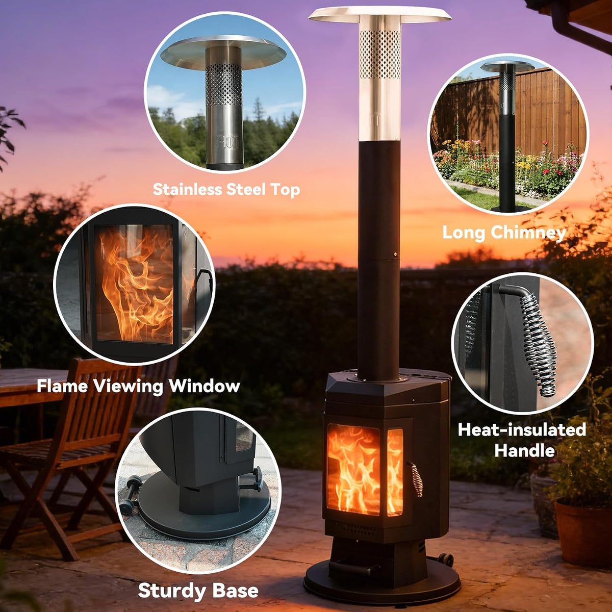 80" Premium Wood Pellet Patio Heater with Glass Window, FP058