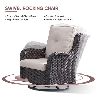 5-Piece High Back Outdoor Wicker Conversation Set with Swivel Chairs, Ottoman & 50,000 BTU Fire Pit Table - Patio Furniture Set for Deck, Porch, Poolside