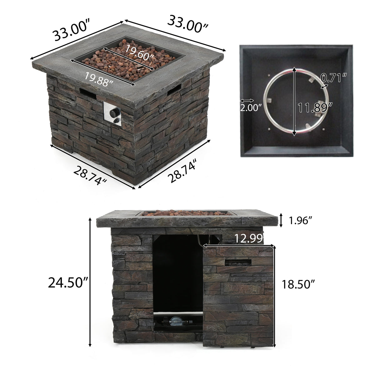 33" Square Stone Gray Fire Pit – 40,000 BTU