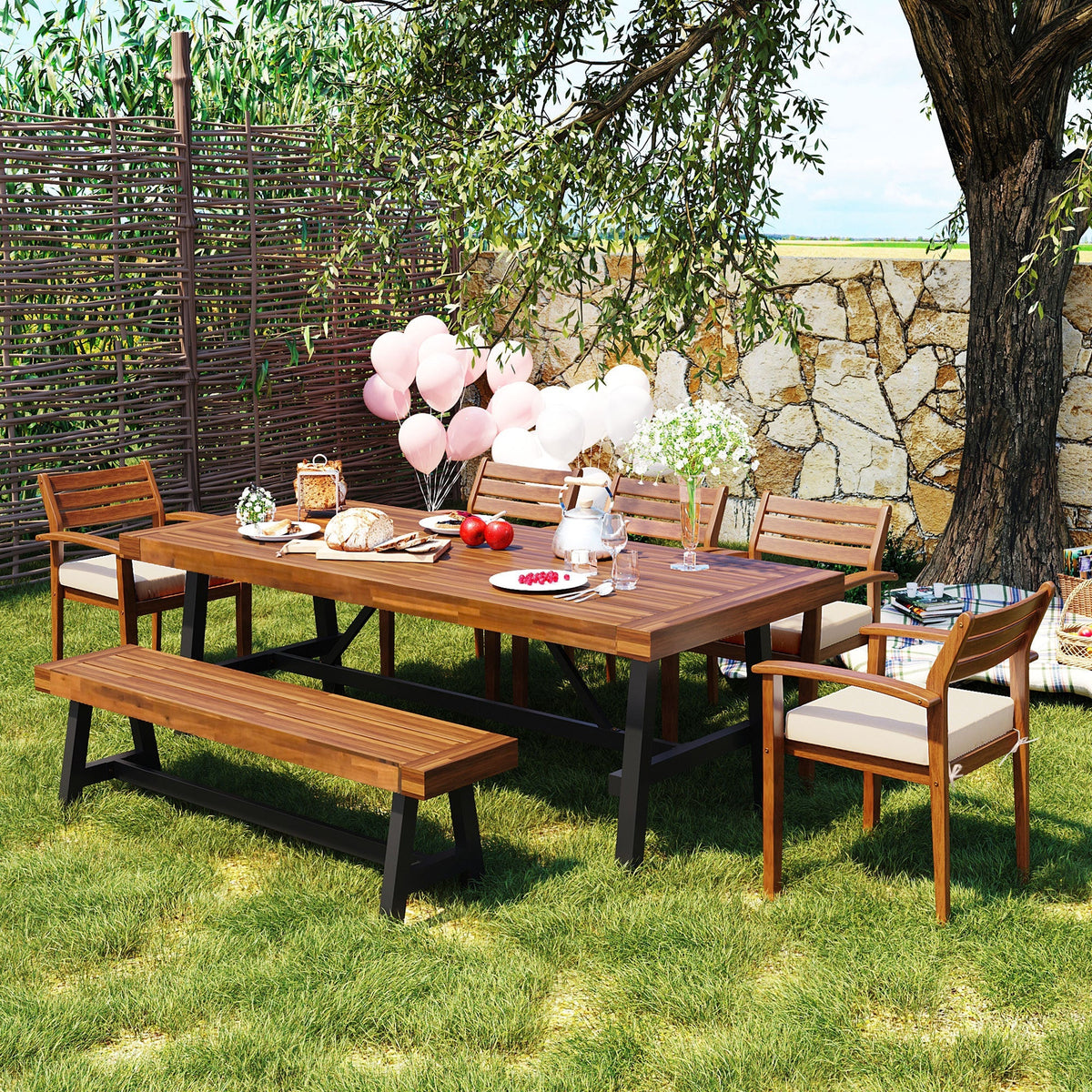 Outdoor Dining Set for 7–8 — Acacia Wood, Beige Cushions & Ergonomic Chairs
