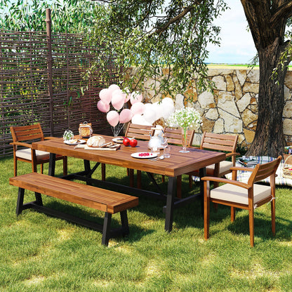 Outdoor Dining Set for 7–8 — Acacia Wood, Beige Cushions & Ergonomic Chairs