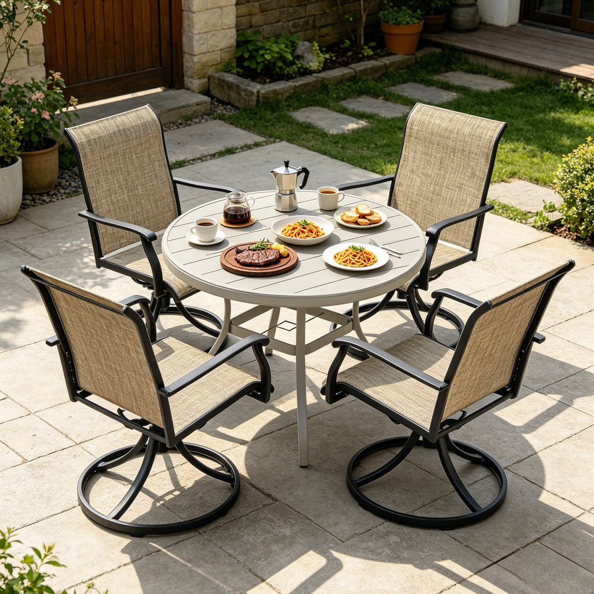 Round Outdoor Dining Set — 360° Swivel Chairs, Umbrella Hole & Rust‑Resistant Frame
