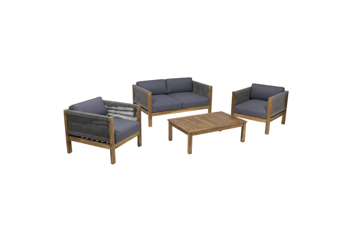 Charlotte Acacia Wood & Rope Outdoor Chat Set with Cushions – 4‑Piece