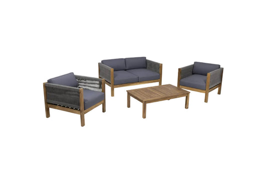 Charlotte Acacia Wood & Rope Outdoor Chat Set with Cushions – 4‑Piece