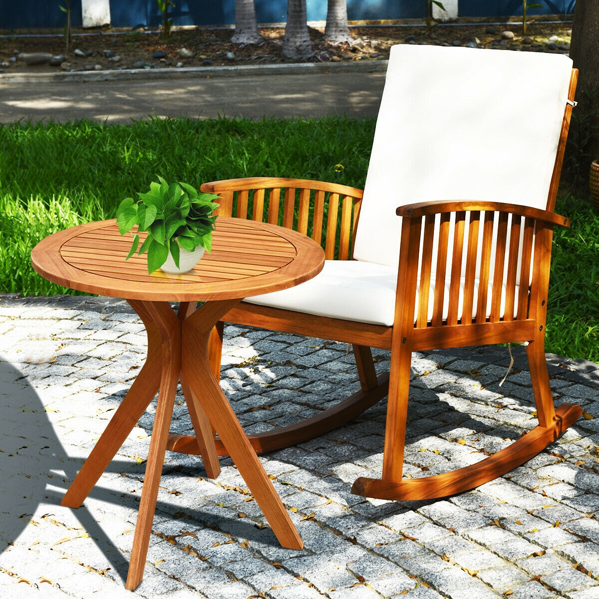 27" Outdoor Round Solid Eucalyptus Wood Bistro Table – Rustic Teak Finish, Water‑Resistant Design