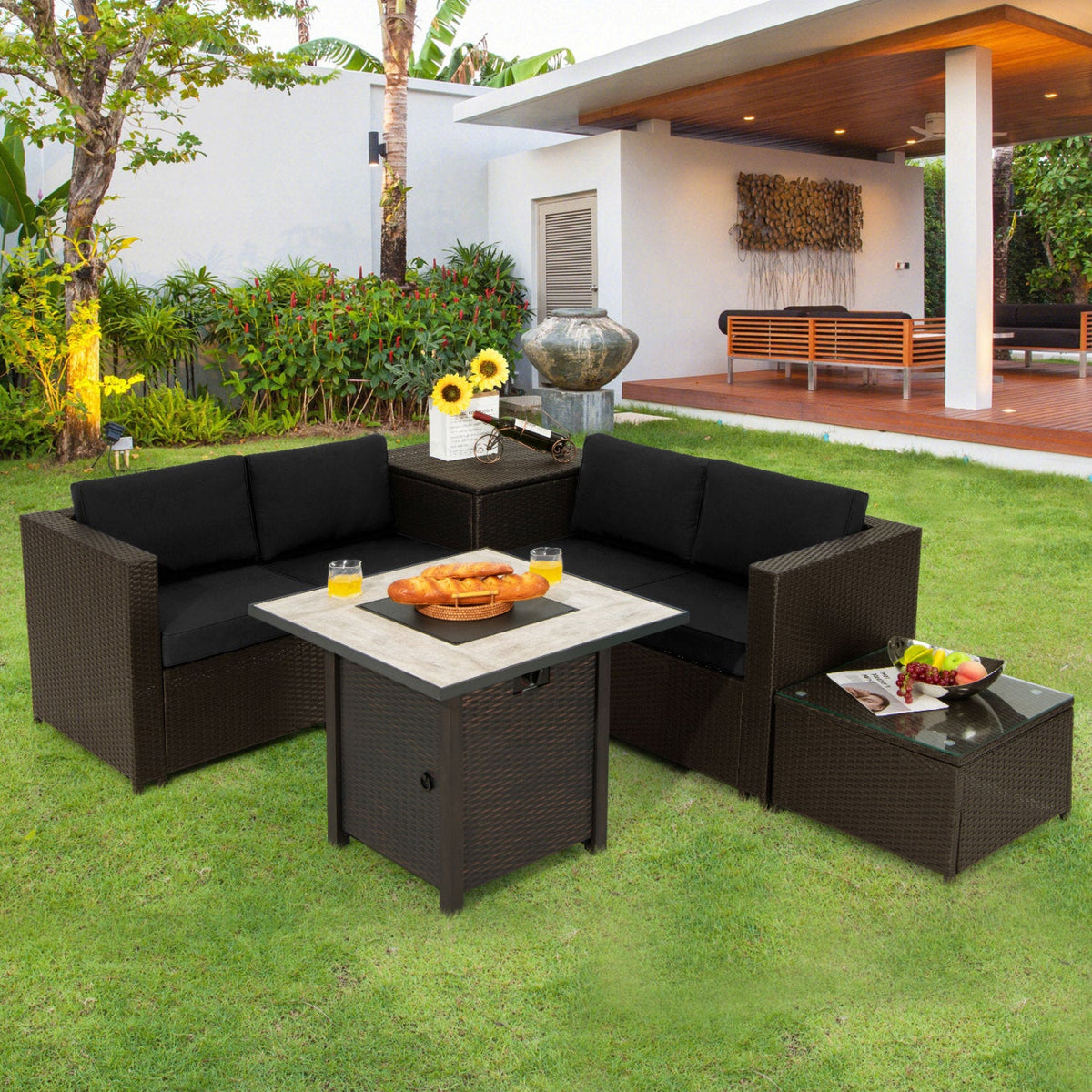 Outdoor Patio Furniture Set with 30" Propane Gas Fire Pit Table — PE Wicker Sofa Collection, 5‑Piece