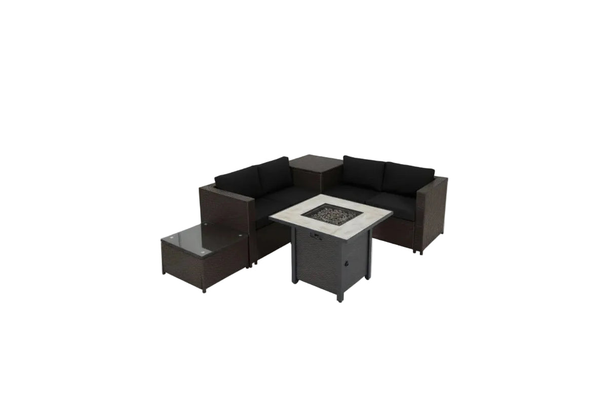 Outdoor Patio Furniture Set with 30" Propane Gas Fire Pit Table — PE Wicker Sofa Collection, 5‑Piece