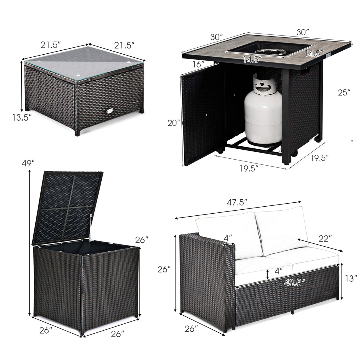 Outdoor Patio Furniture Set with 30" Propane Gas Fire Pit Table — PE Wicker Sofa Collection, 5‑Piece