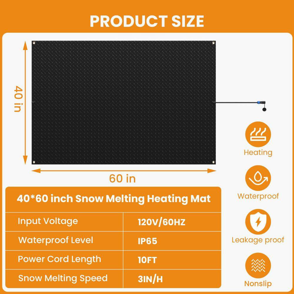 Heated Snow Melting Mat 40 In. X 60 In. Entrance Snow Melt Mat/10 In. Power Cord Snow Melting Heat Mat for Snow Removal