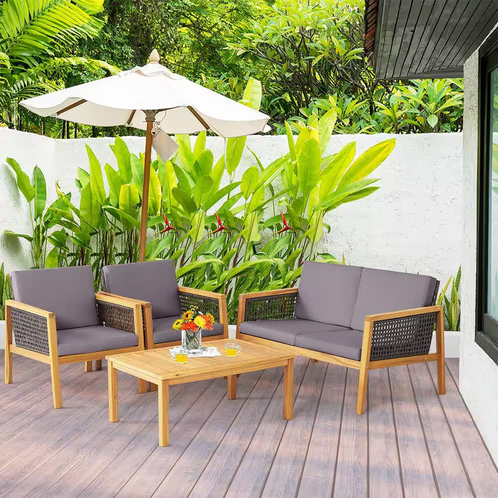 4PCS Patio Acacia Wood Furniture Set PE Rattan Conversation Set W/Grey Cushions