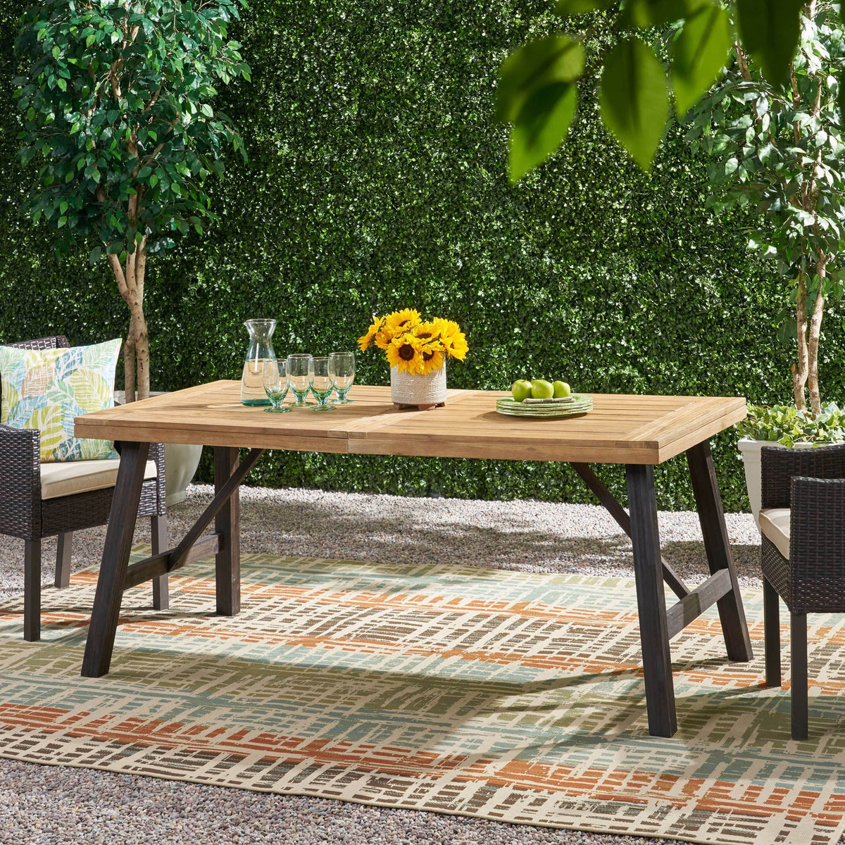 Acacia Wood Outdoor Dining Set with 2 Benches & Slat‑Panel Table – Light Brown