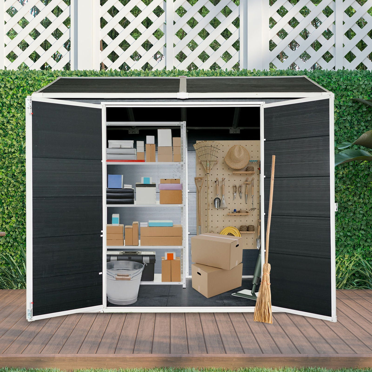Resin Outdoor Storage Shed with Floor & Lockable Door - Gray or Black