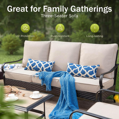 Outdoor Modern Patio Furniture Set, Upgraded Wicker & Metal Patio Furniture Conversation Set with Waterproof Thick Cushions for Porch, Poolside, Yard (4 Pieces,Beige)