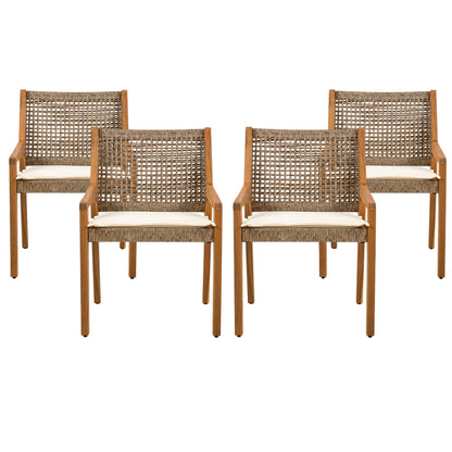 Acacia Wood & Wicker Outdoor Dining Chair Set of 4 with Cream Cushions