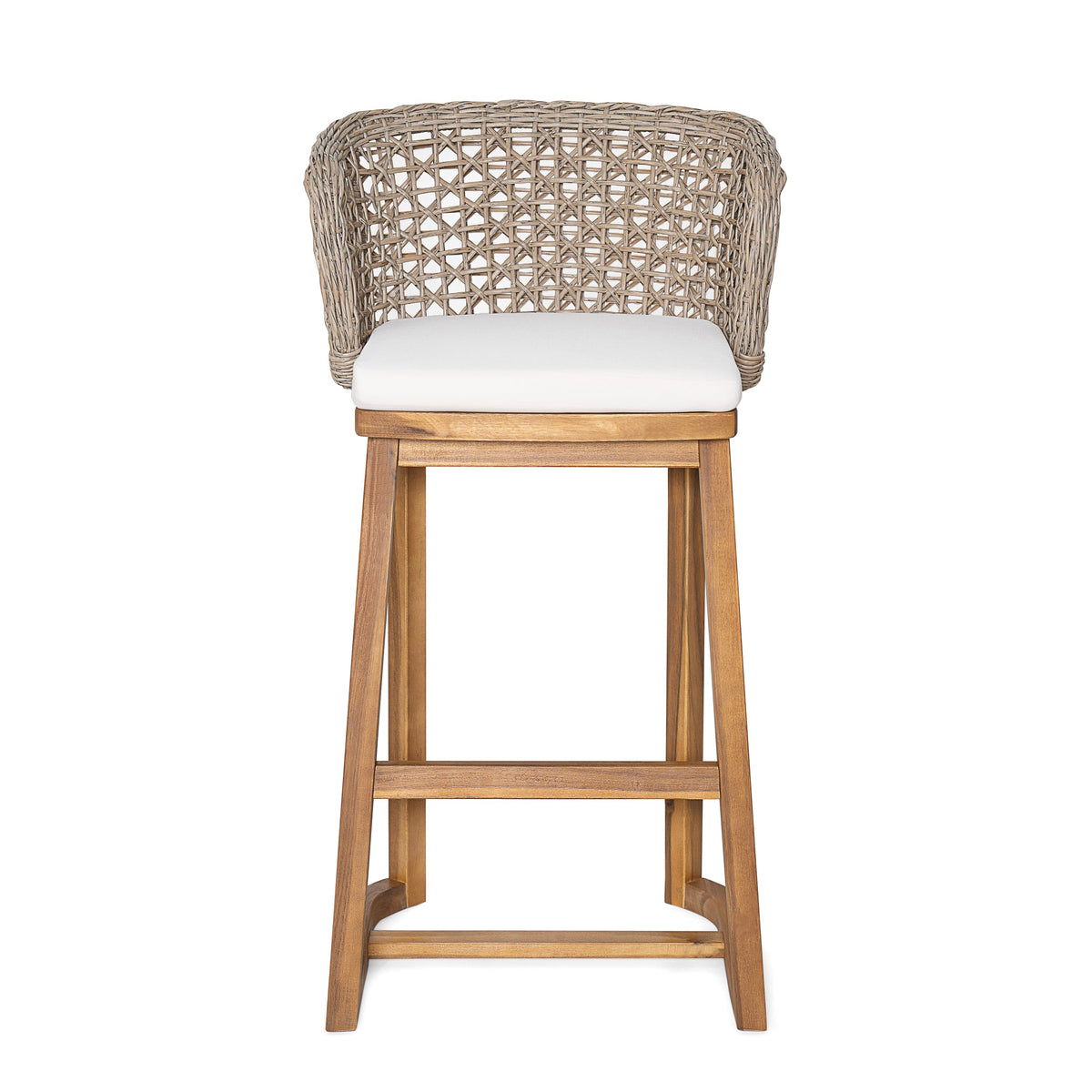Outdoor Bar Stools — Acacia Wood, Wicker Backrest & Plush Beige Cushions (Set of 4)