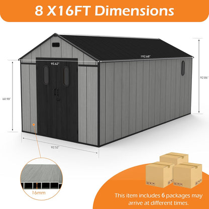 Resin 8' × 16' Outdoor Storage Shed with Weatherproof Construction