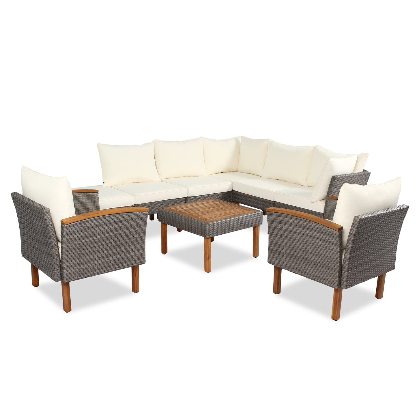 9-piece Patio rattan furniture set with Acacia wooden legs and tabletop sofa set