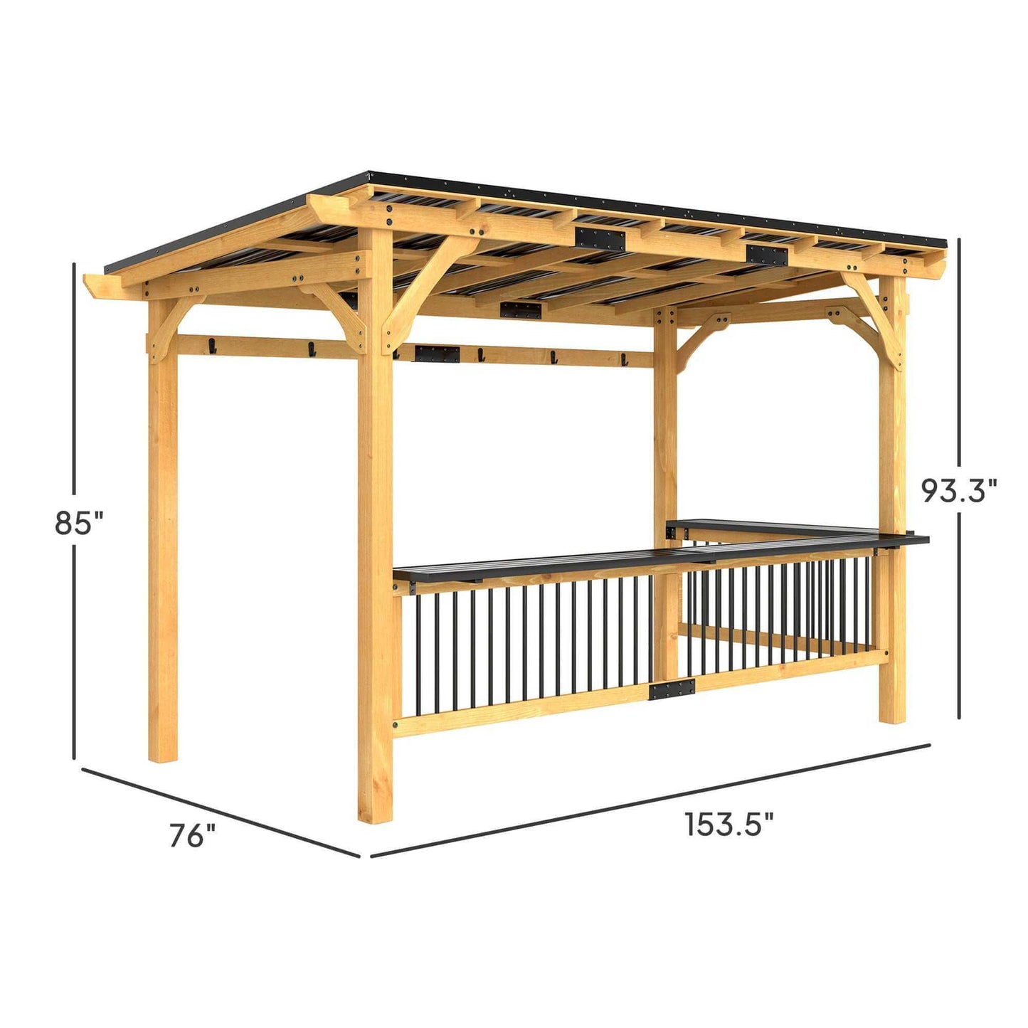 13 X 6 Wooden BBQ Grill Gazebo, Outdoor Hardtop Grill Gazebo with Metal Roof, 2 Bar Shelves And 6 Hooks, Natural