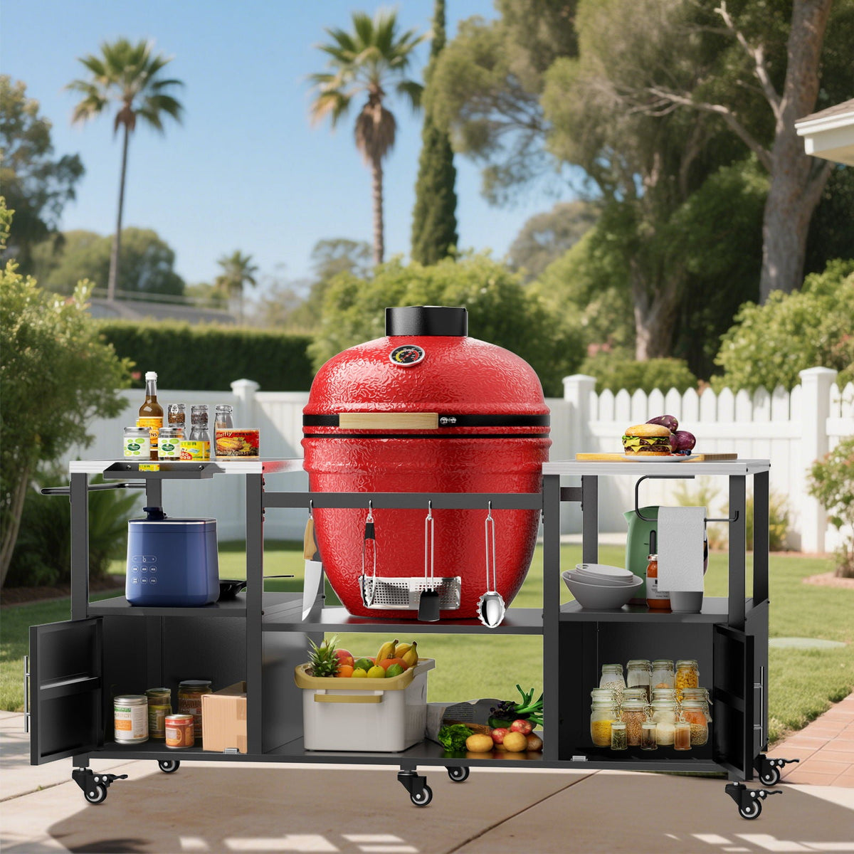 Outdoor Grill Table for Big Egg‑Style BBQ with Metal & Stainless Steel Cart and Storage — Black/Silver