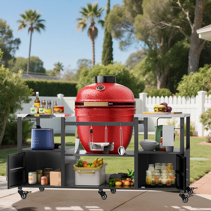 Outdoor Grill Table for Big Egg‑Style BBQ with Metal & Stainless Steel Cart and Storage — Black/Silver