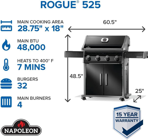 Napoleon Rogue 525 Propane Gas Grill, Black, Durable 4-Burner BBQ