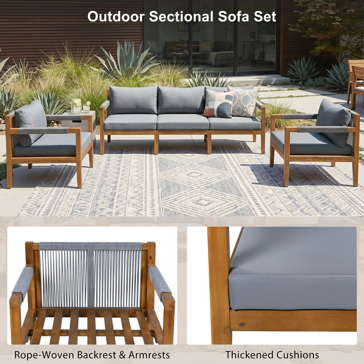 Acacia Wood Outdoor Modular Seating Set with Rope Accents & Water‑Resistant Cushions – 3‑Piece