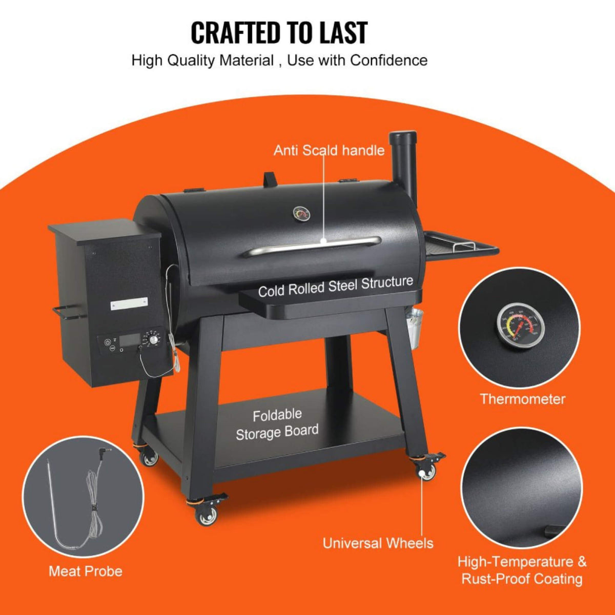 62" Heavy Duty Portable Wood Pellet BBQ Grill With Cart – Large Outdoor Smoker & Grill