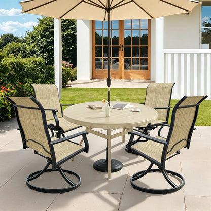 Round Outdoor Dining Set — 360° Swivel Chairs, Umbrella Hole & Rust‑Resistant Frame