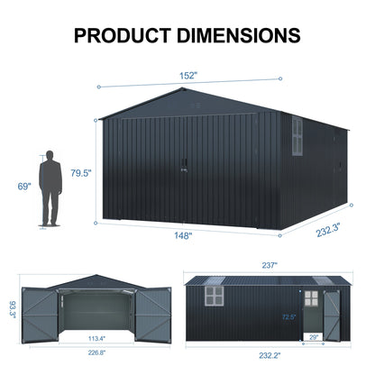 20' x 13' Outdoor Storage Shed with Double Doors and Skylight - Metal