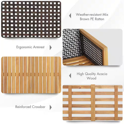 4PCS Patio Acacia Wood Furniture Set PE Rattan Conversation Set W/Grey Cushions