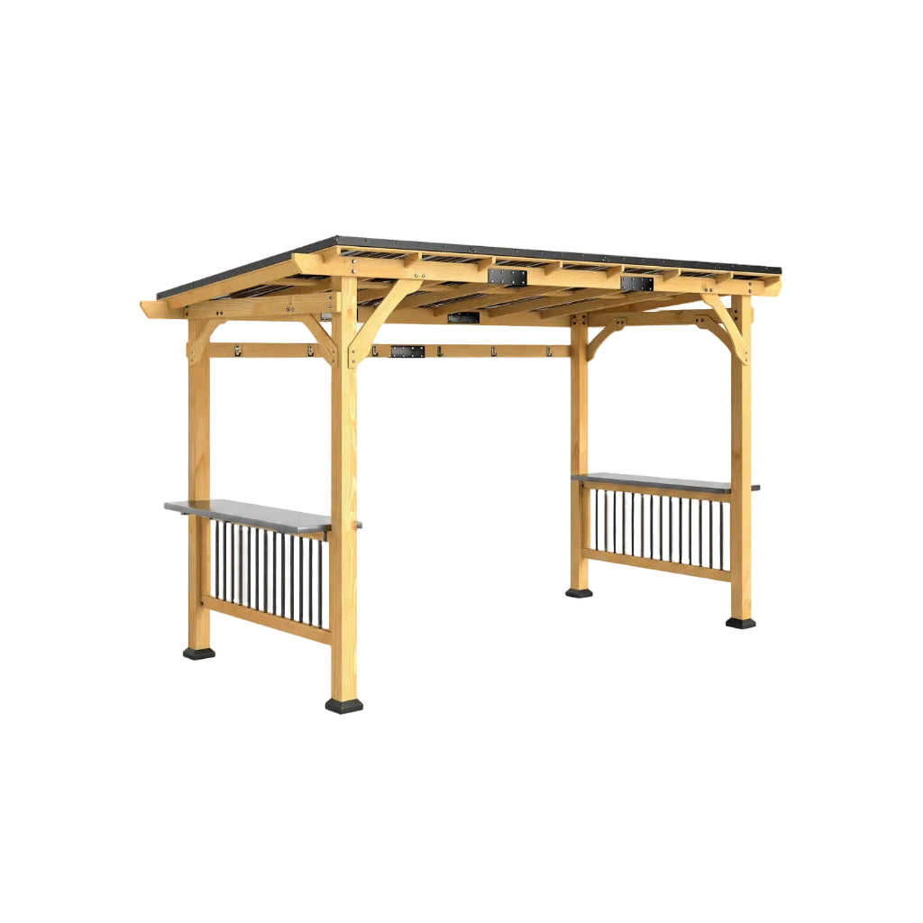 13 X 6 Wooden BBQ Grill Gazebo, Outdoor Hardtop Grill Gazebo with Metal Roof, 2 Bar Shelves And 6 Hooks, Natural