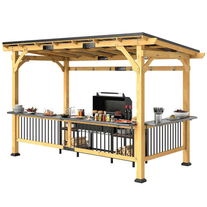 13 X 6 Wooden BBQ Grill Gazebo, Outdoor Hardtop Grill Gazebo with Metal Roof, 2 Bar Shelves And 6 Hooks, Natural