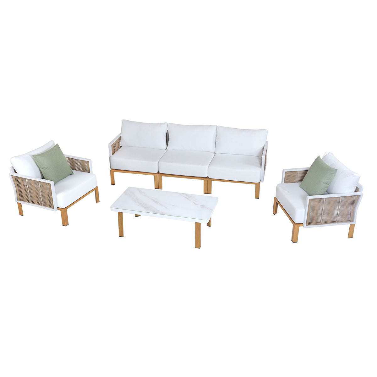 Vine 4‑Piece Outdoor Conversation Set with Convertible Sectionals & Marble‑Design Table – White
