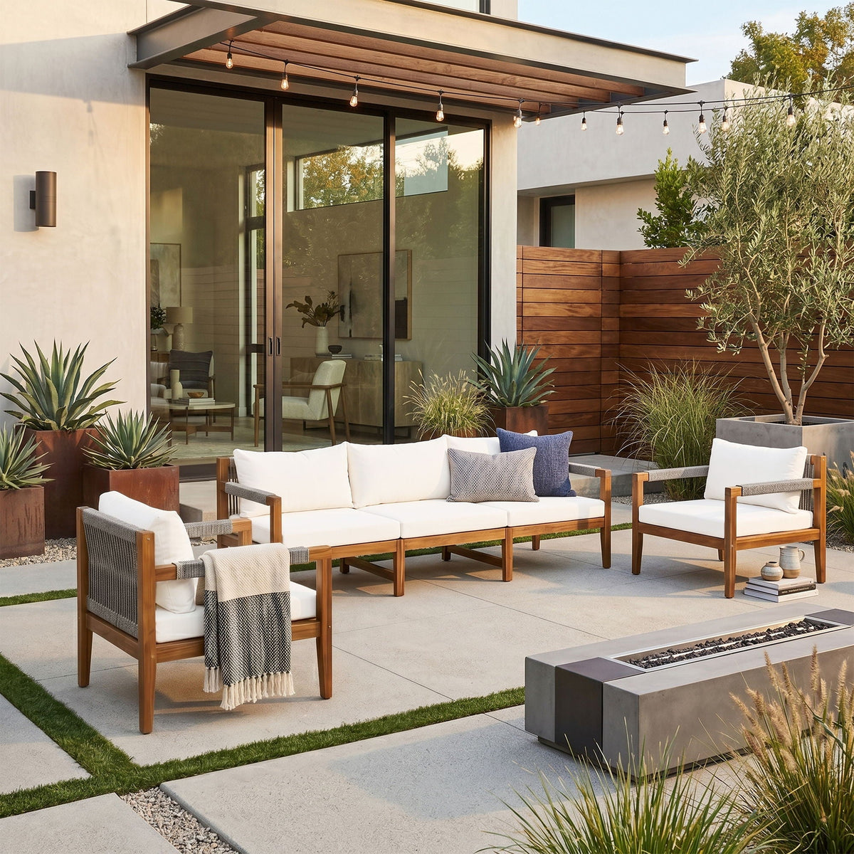 Acacia Wood Outdoor Modular Seating Set with Rope Accents & Water‑Resistant Cushions – 3‑Piece