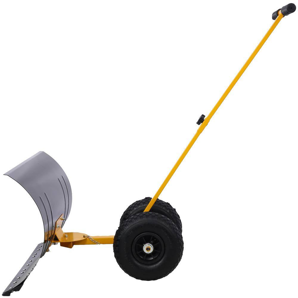 47 In. Sheet Metal Handle Steel Snow Shovel Rolling Pusher with 29 In. Blade and 10 In. Wheels in Black and Yellow