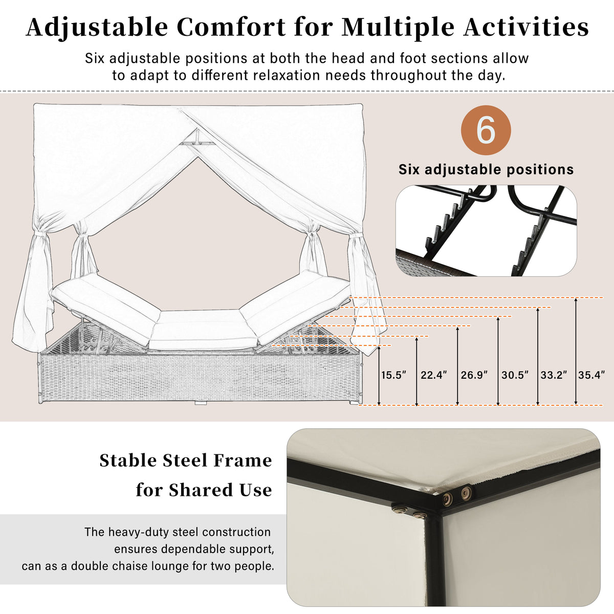 Outdoor Double Chaise Lounge Daybed with Adjustable Backrests and Curtains - Orange or Beige