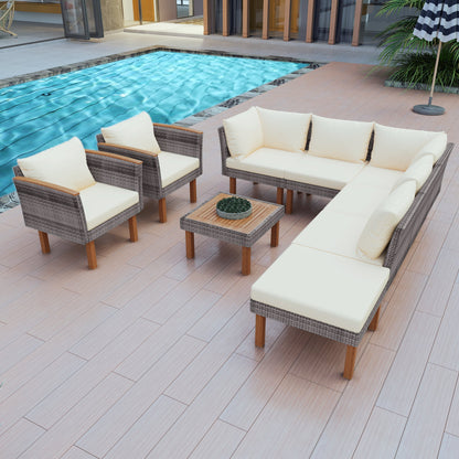 9-piece Patio rattan furniture set with Acacia wooden legs and tabletop sofa set