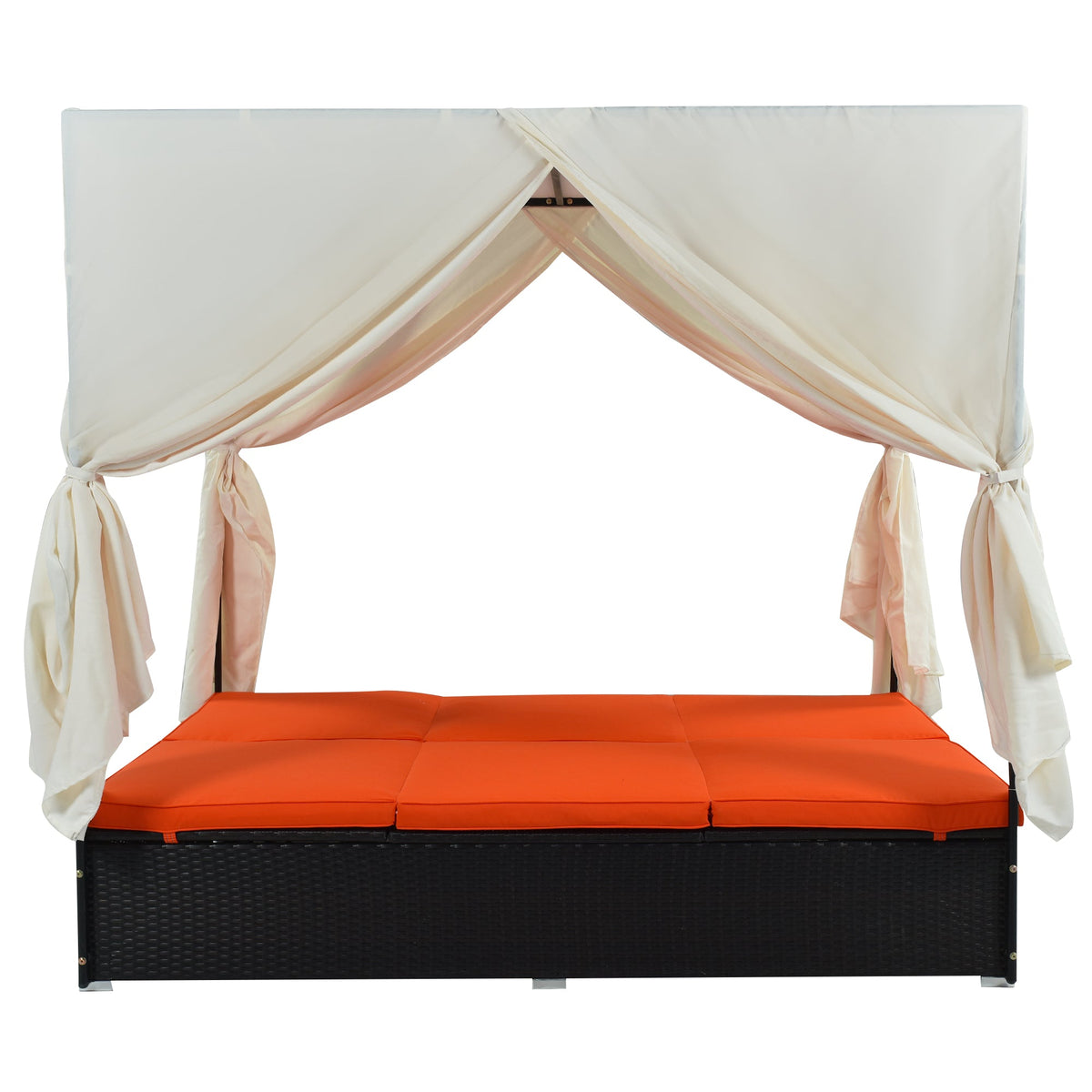 Outdoor Double Chaise Lounge Daybed with Adjustable Backrests and Curtains - Orange or Beige