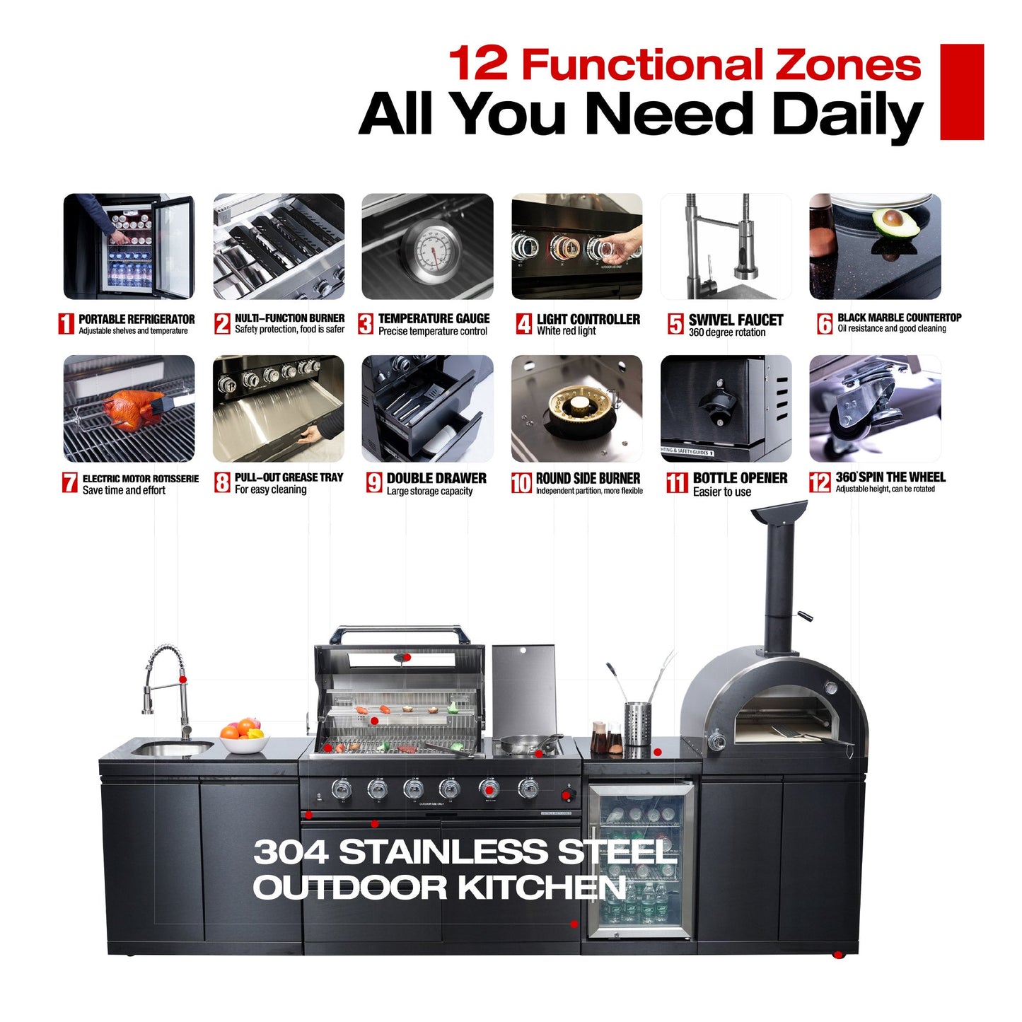 Black 125-Inch Double Stainless Steel Gas Outdoor Kitchen Barbecue Grill